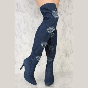Distressed Thigh High Jean Stiletto Boots Size 9 NWOT